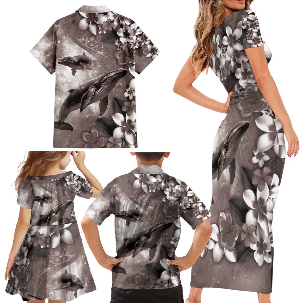 Hawaiian Lei Day Plumeria Humpback Whales Family Matching Short Sleeve Bodycon Dress and Hawaiian Shirt Polynesian Art Vibrant Starry Nebula Grayscale Style