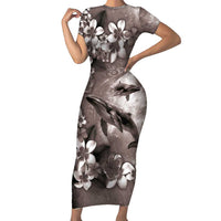 Hawaiian Lei Day Plumeria Humpback Whales Family Matching Short Sleeve Bodycon Dress and Hawaiian Shirt Polynesian Art Vibrant Starry Nebula Grayscale Style