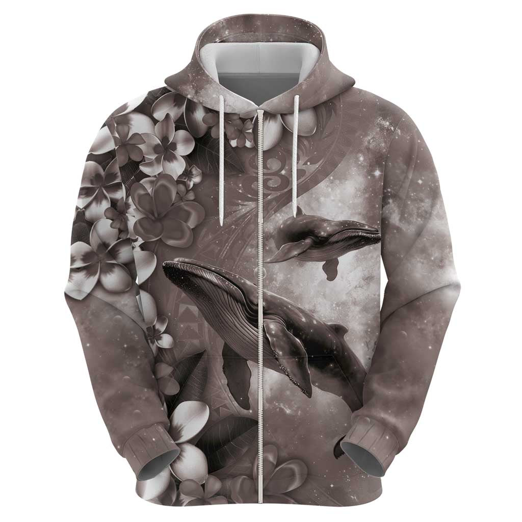 Hawaiian Lei Day Plumeria Humpback Whales Hoodie Polynesian Art Vibrant Starry Nebula Grayscale Style