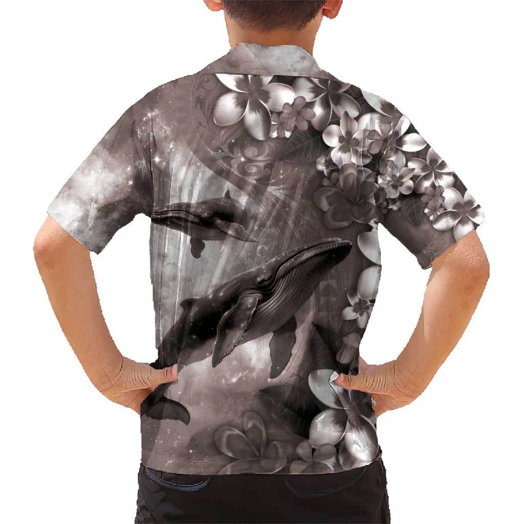 Hawaiian Lei Day Plumeria Humpback Whales Kid Hawaiian Shirt Polynesian Art Vibrant Starry Nebula Grayscale Style
