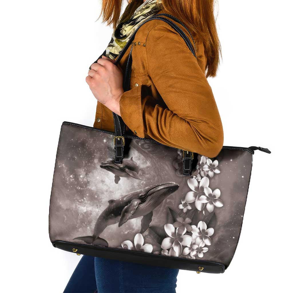 Hawaiian Lei Day Plumeria Humpback Whales Leather Tote Bag Polynesian Art Vibrant Starry Nebula Grayscale Style