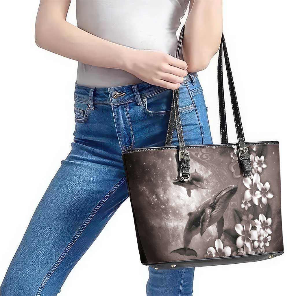 Hawaiian Lei Day Plumeria Humpback Whales Leather Tote Bag Polynesian Art Vibrant Starry Nebula Grayscale Style
