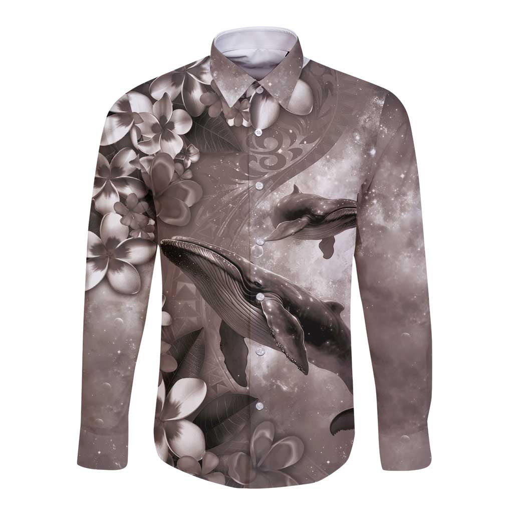 Hawaiian Lei Day Plumeria Humpback Whales Long Sleeve Button Shirt Polynesian Art Vibrant Starry Nebula Grayscale Style LT03 Unisex Art - Polynesian Pride