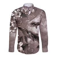 Hawaiian Lei Day Plumeria Humpback Whales Long Sleeve Button Shirt Polynesian Art Vibrant Starry Nebula Grayscale Style LT03 Unisex Art - Polynesian Pride