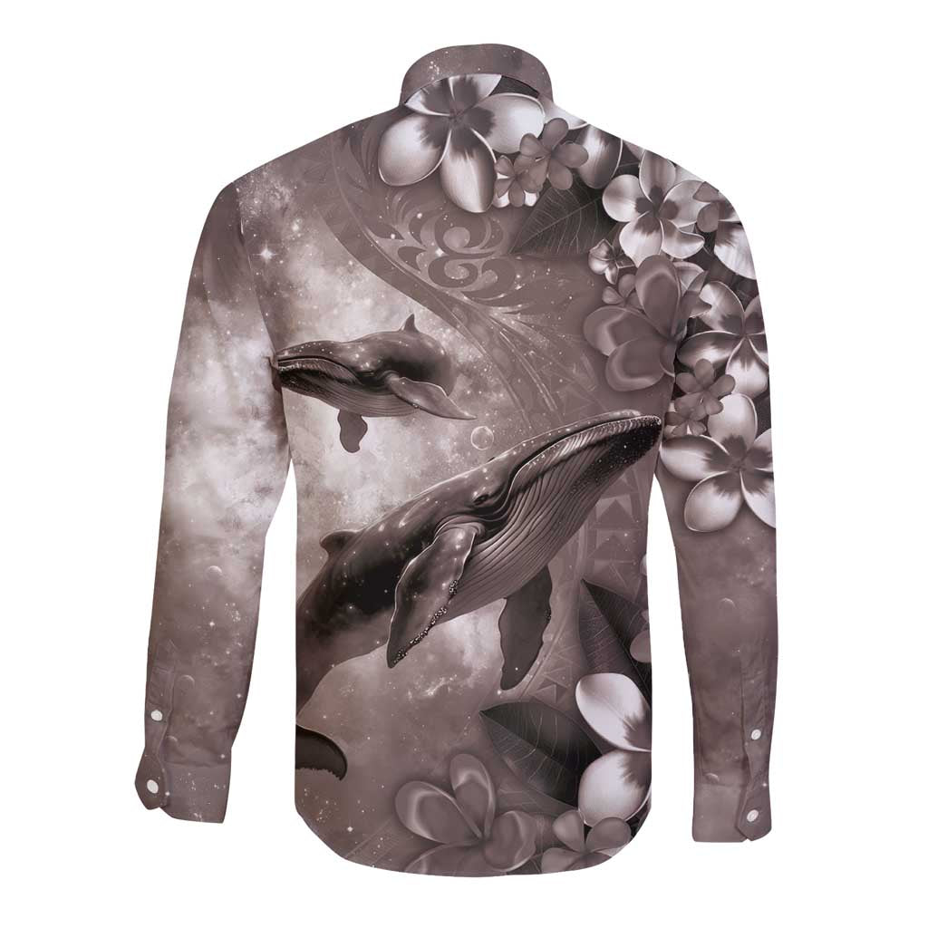 Hawaiian Lei Day Plumeria Humpback Whales Long Sleeve Button Shirt Polynesian Art Vibrant Starry Nebula Grayscale Style LT03 - Polynesian Pride