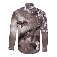 Hawaiian Lei Day Plumeria Humpback Whales Long Sleeve Button Shirt Polynesian Art Vibrant Starry Nebula Grayscale Style LT03 - Polynesian Pride