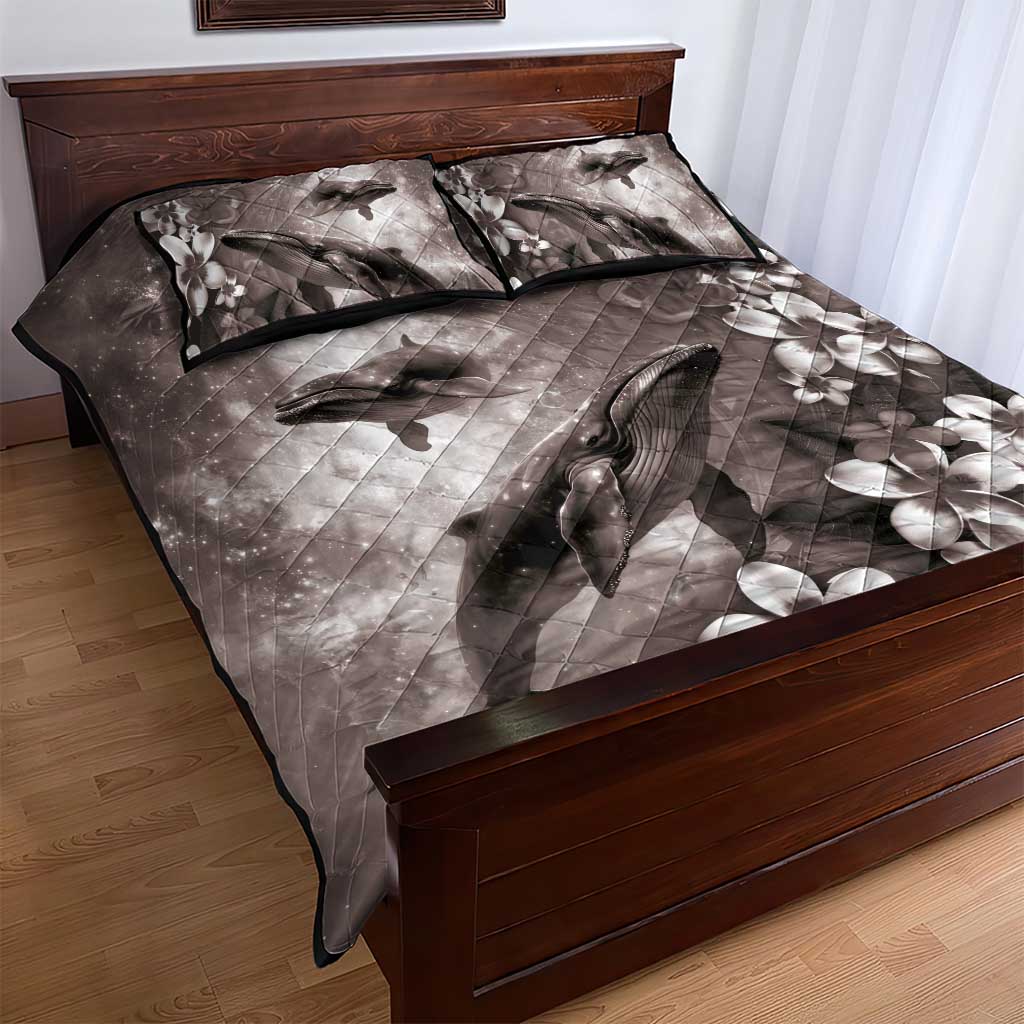 Hawaiian Lei Day Plumeria Humpback Whales Quilt Bed Set Polynesian Art Vibrant Starry Nebula Grayscale Style