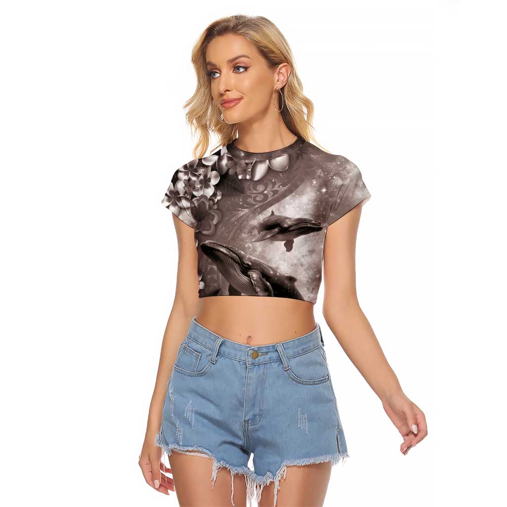 Hawaiian Lei Day Plumeria Humpback Whales Raglan Cropped T Shirt Polynesian Art Vibrant Starry Nebula Grayscale Style