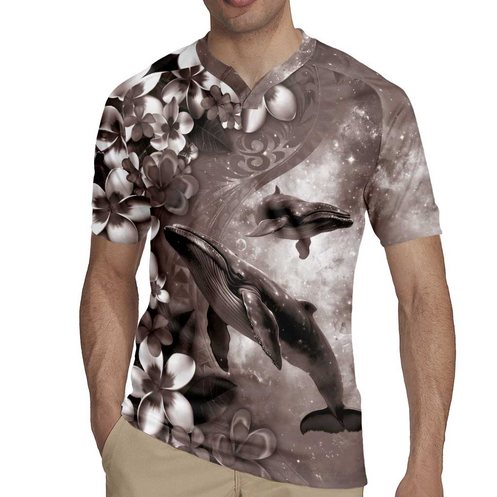 Hawaiian Lei Day Plumeria Humpback Whales Rugby Jersey Polynesian Art Vibrant Starry Nebula Grayscale Style
