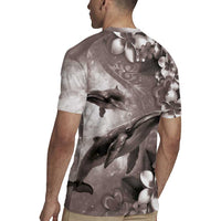 Hawaiian Lei Day Plumeria Humpback Whales Rugby Jersey Polynesian Art Vibrant Starry Nebula Grayscale Style