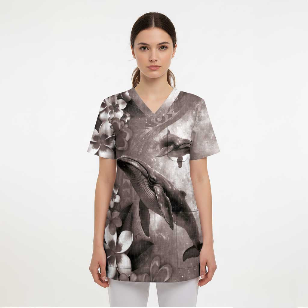 Hawaiian Lei Day Plumeria Humpback Whales Scrub Top Polynesian Art Vibrant Starry Nebula Grayscale Style - Polynesian Pride
