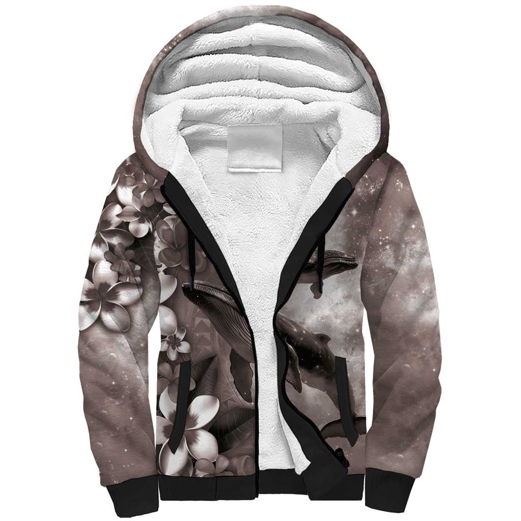 Hawaiian Lei Day Plumeria Humpback Whales Sherpa Hoodie Polynesian Art Vibrant Starry Nebula Grayscale Style