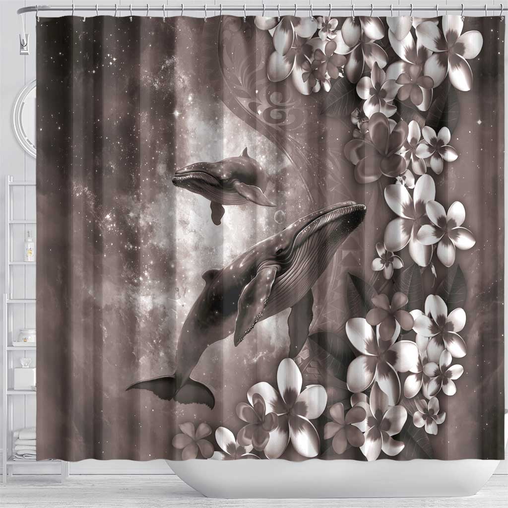 Hawaiian Lei Day Plumeria Humpback Whales Shower Curtain Polynesian Art Vibrant Starry Nebula Grayscale Style