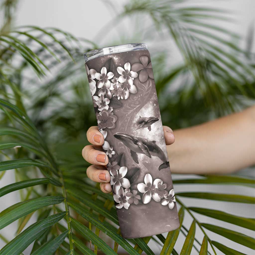 Hawaiian Lei Day Plumeria Humpback Whales Skinny Tumbler Polynesian Art Vibrant Starry Nebula Grayscale Style