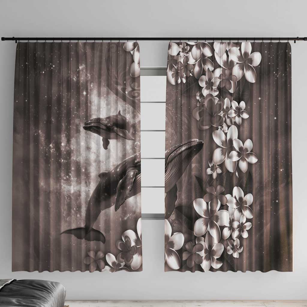 Hawaiian Lei Day Plumeria Humpback Whales Window Curtain Polynesian Art Vibrant Starry Nebula Grayscale Style