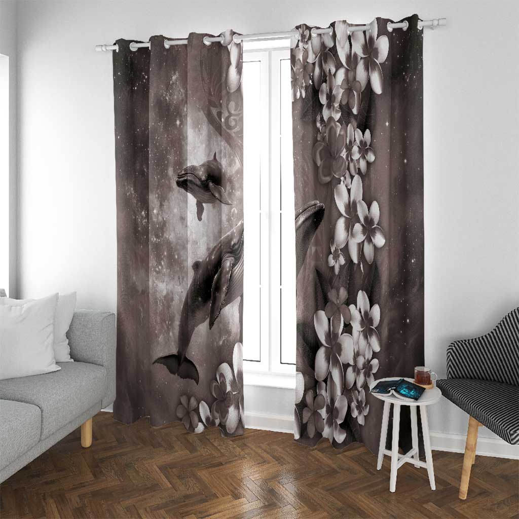 Hawaiian Lei Day Plumeria Humpback Whales Window Curtain Polynesian Art Vibrant Starry Nebula Grayscale Style