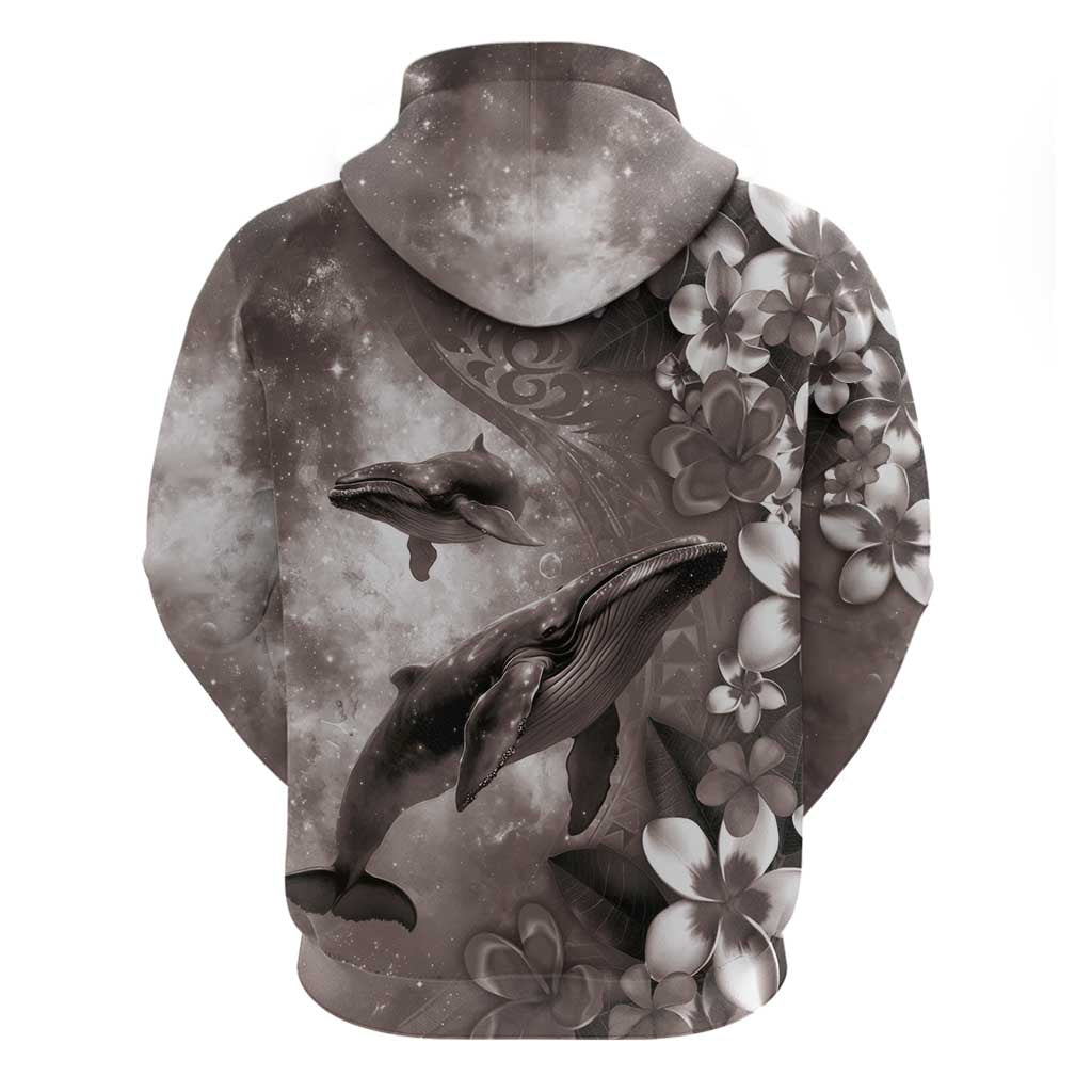 Hawaiian Lei Day Plumeria Humpback Whales Zip Hoodie Polynesian Art Vibrant Starry Nebula Grayscale Style