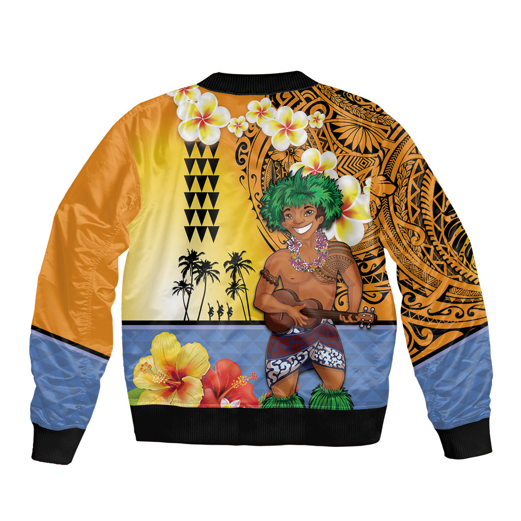 Happy Lei Day Bomber Jacket Hula Male Dancer Polynesian Flower Kakau Pattern