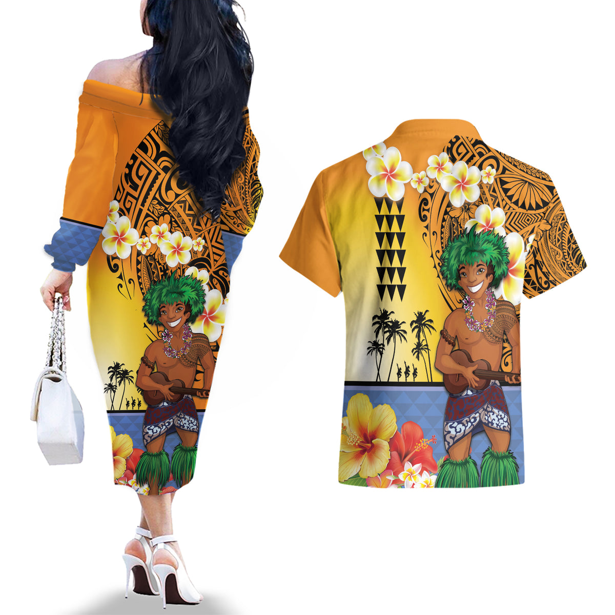 Happy Lei Day Couples Matching Off The Shoulder Long Sleeve Dress and Hawaiian Shirt Hula Male Dancer Polynesian Flower Kakau Pattern