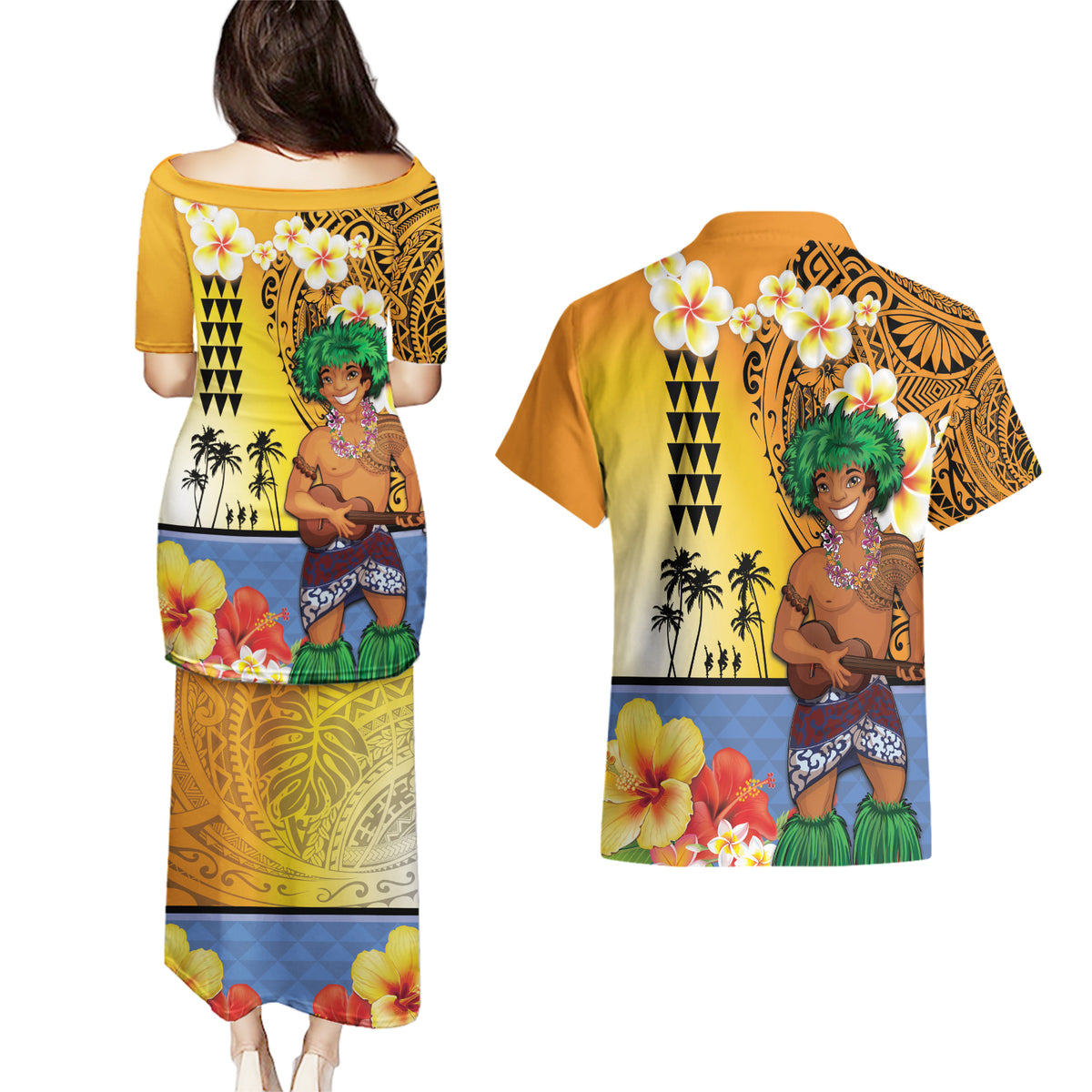 Happy Lei Day Couples Matching Puletasi and Hawaiian Shirt Hula Male Dancer Polynesian Flower Kakau Pattern