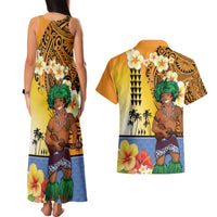 Happy Lei Day Couples Matching Tank Maxi Dress and Hawaiian Shirt Hula Male Dancer Polynesian Flower Kakau Pattern