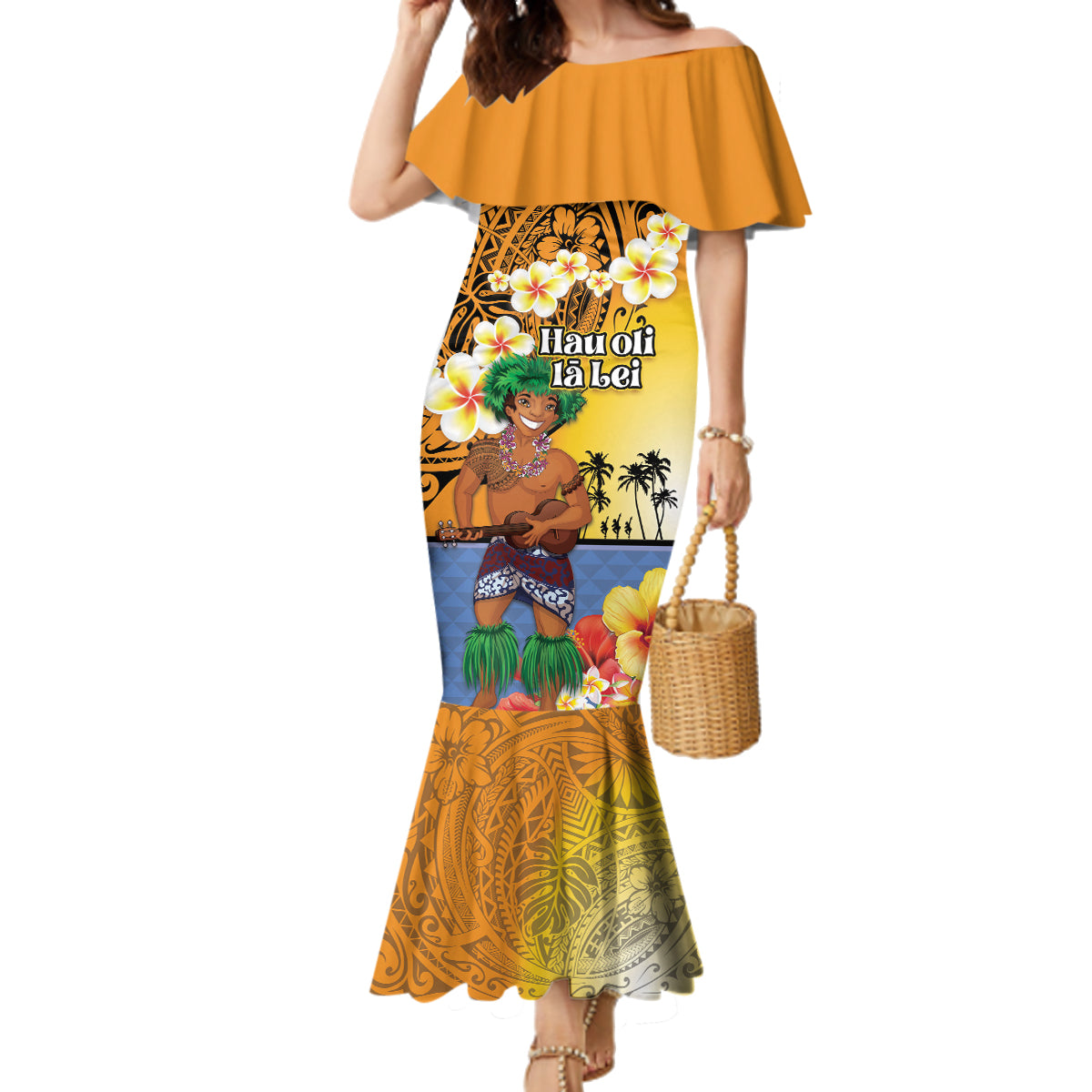 Happy Lei Day Family Matching Mermaid Dress and Hawaiian Shirt Hula Male Dancer Polynesian Flower Kakau Pattern