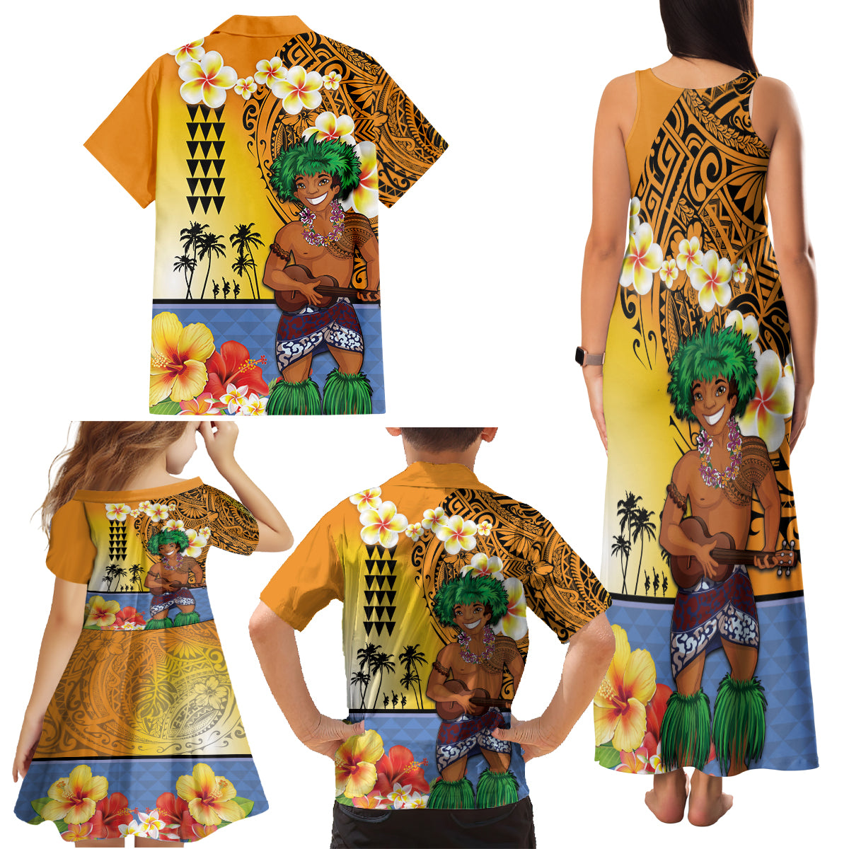 Happy Lei Day Family Matching Tank Maxi Dress and Hawaiian Shirt Hula Male Dancer Polynesian Flower Kakau Pattern