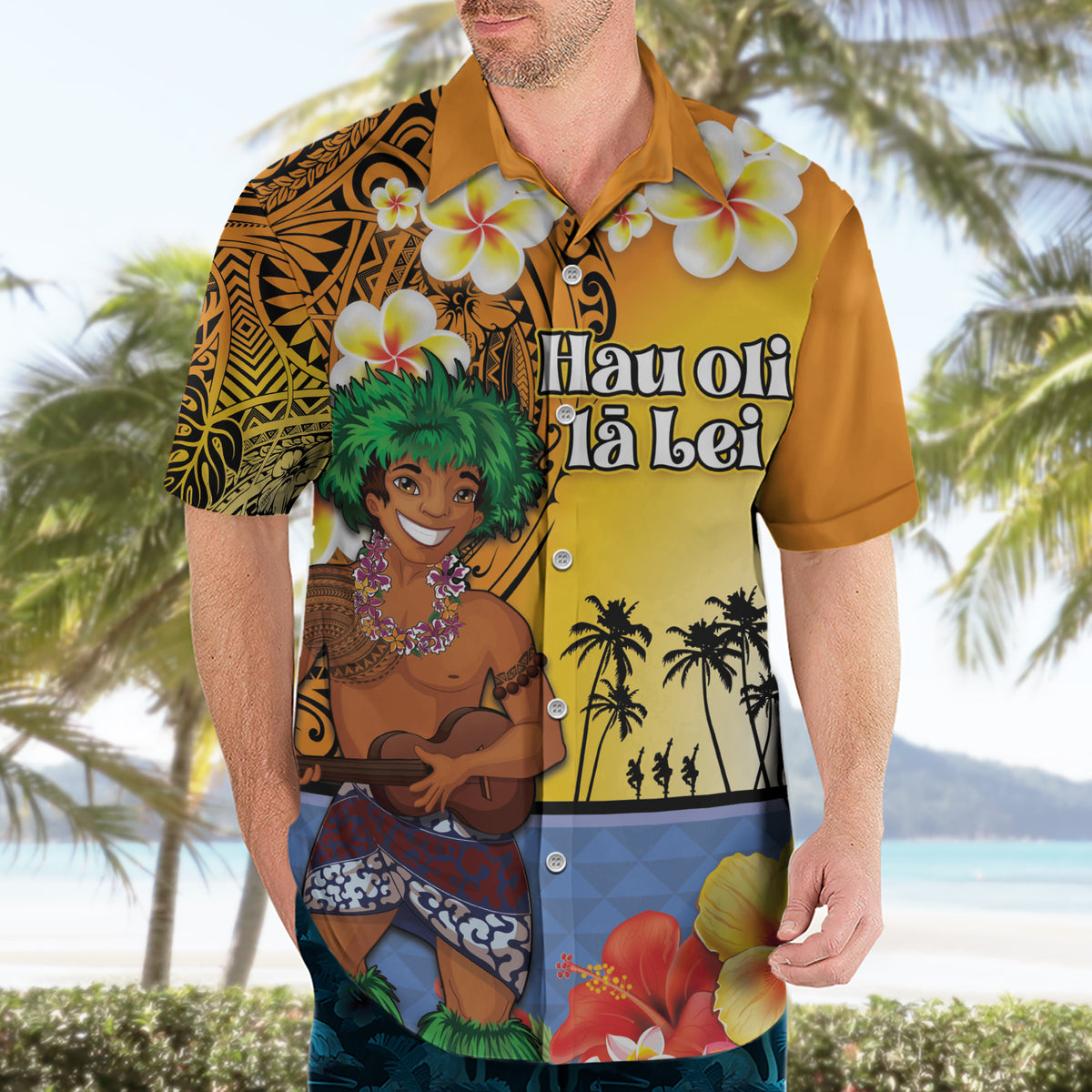 Happy Lei Day Hawaiian Shirt Hula Male Dancer Polynesian Flower Kakau Pattern