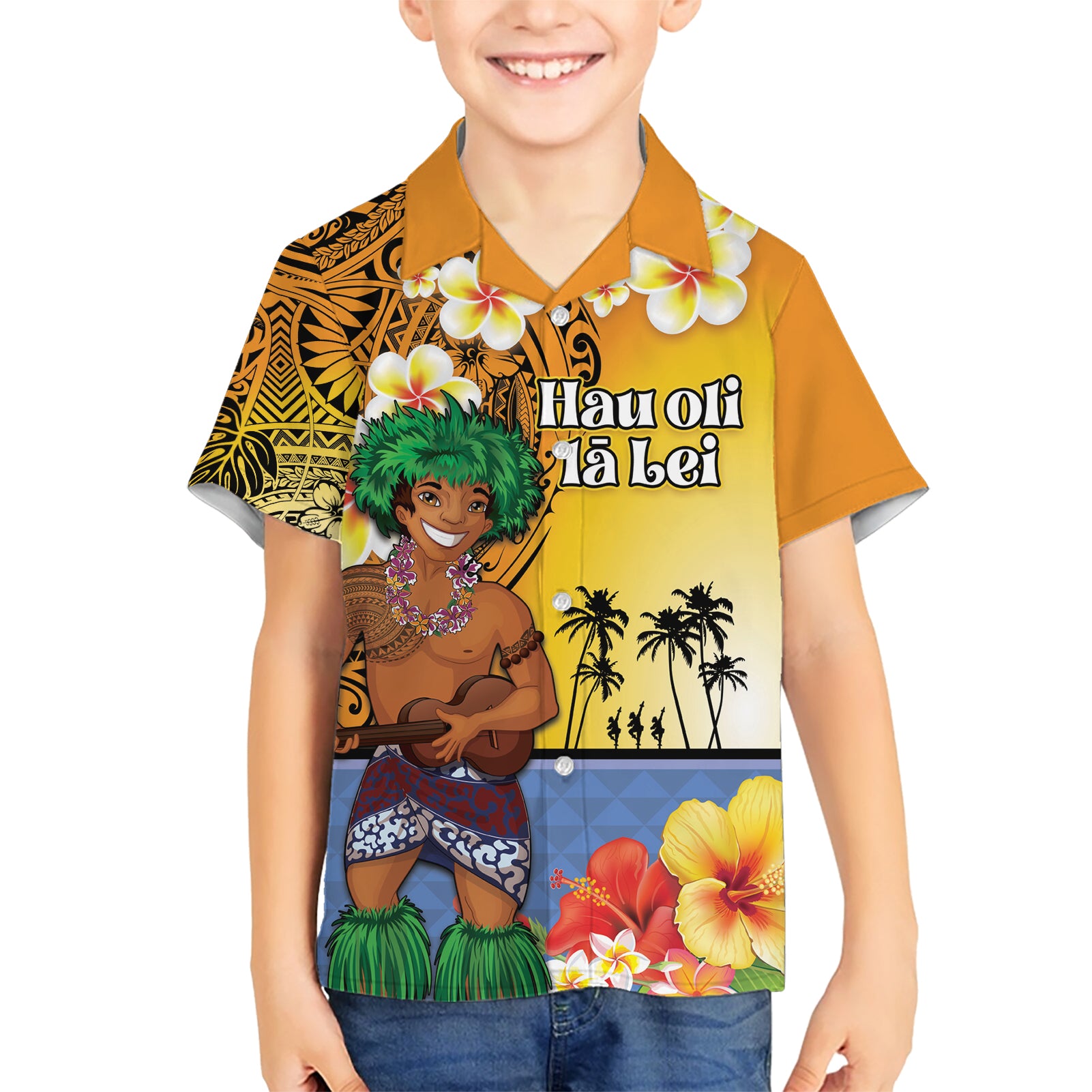 Happy Lei Day Kid Hawaiian Shirt Hula Male Dancer Polynesian Flower Kakau Pattern