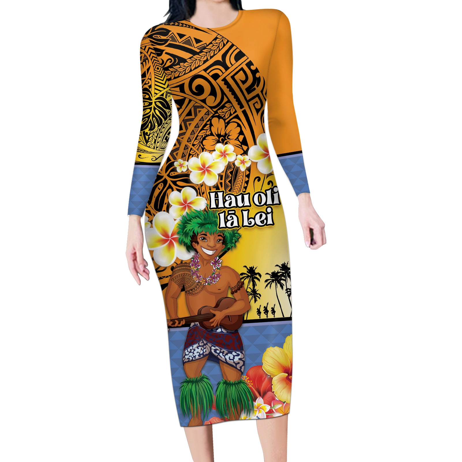 Happy Lei Day Long Sleeve Bodycon Dress Hula Male Dancer Polynesian Flower Kakau Pattern
