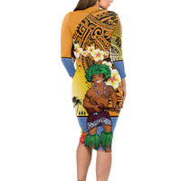 Happy Lei Day Long Sleeve Bodycon Dress Hula Male Dancer Polynesian Flower Kakau Pattern