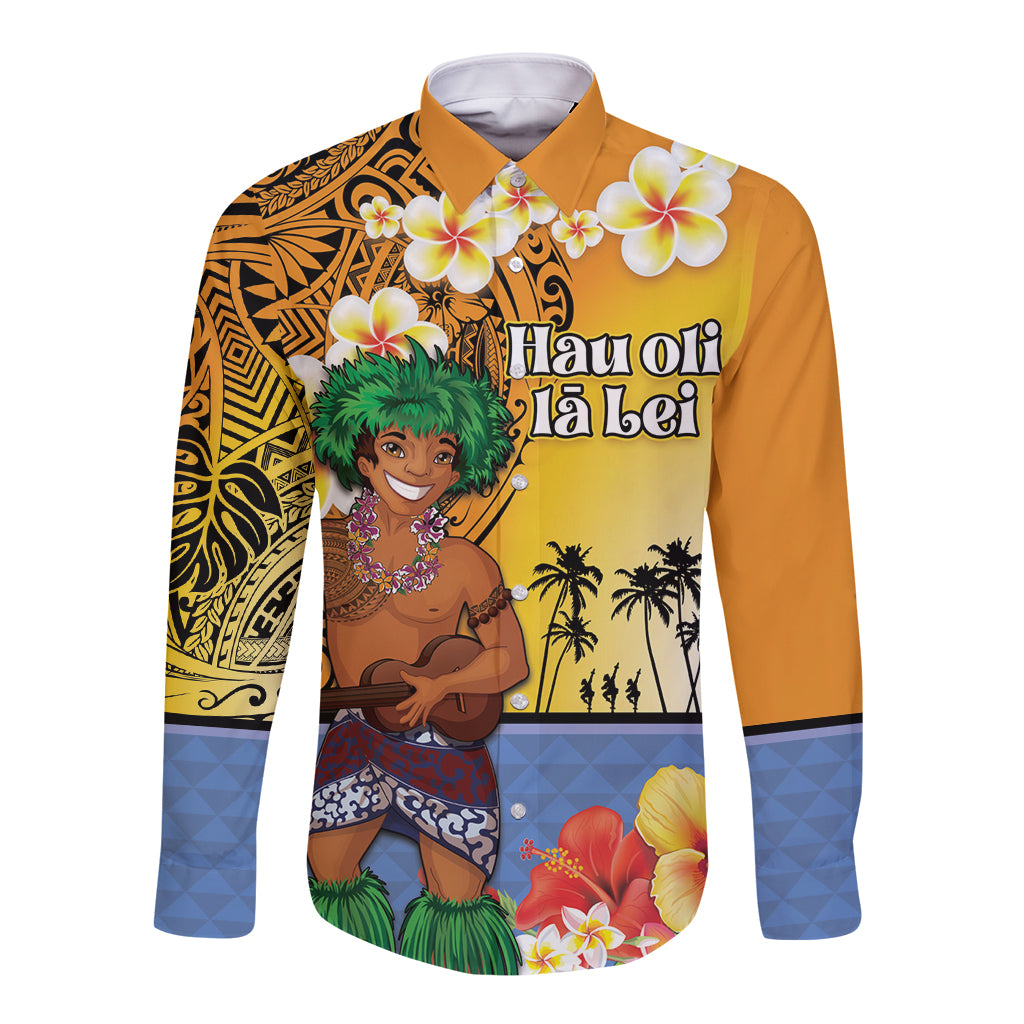 Happy Lei Day Long Sleeve Button Shirt Hula Male Dancer Polynesian Flower Kakau Pattern LT03 Unisex Yellow - Polynesian Pride