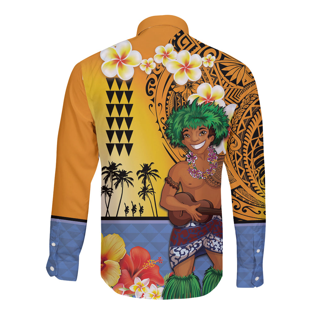 Happy Lei Day Long Sleeve Button Shirt Hula Male Dancer Polynesian Flower Kakau Pattern LT03 - Polynesian Pride