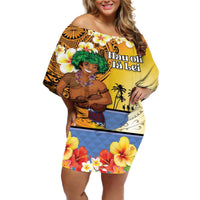 Happy Lei Day Off Shoulder Short Dress Hula Male Dancer Polynesian Flower Kakau Pattern LT03 Women Yellow - Polynesian Pride