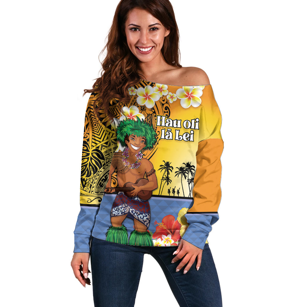 Happy Lei Day Off Shoulder Sweater Hula Male Dancer Polynesian Flower Kakau Pattern LT03 Women Yellow - Polynesian Pride