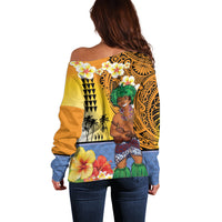 Happy Lei Day Off Shoulder Sweater Hula Male Dancer Polynesian Flower Kakau Pattern LT03 - Polynesian Pride