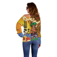 Happy Lei Day Off Shoulder Sweater Hula Male Dancer Polynesian Flower Kakau Pattern LT03 - Polynesian Pride