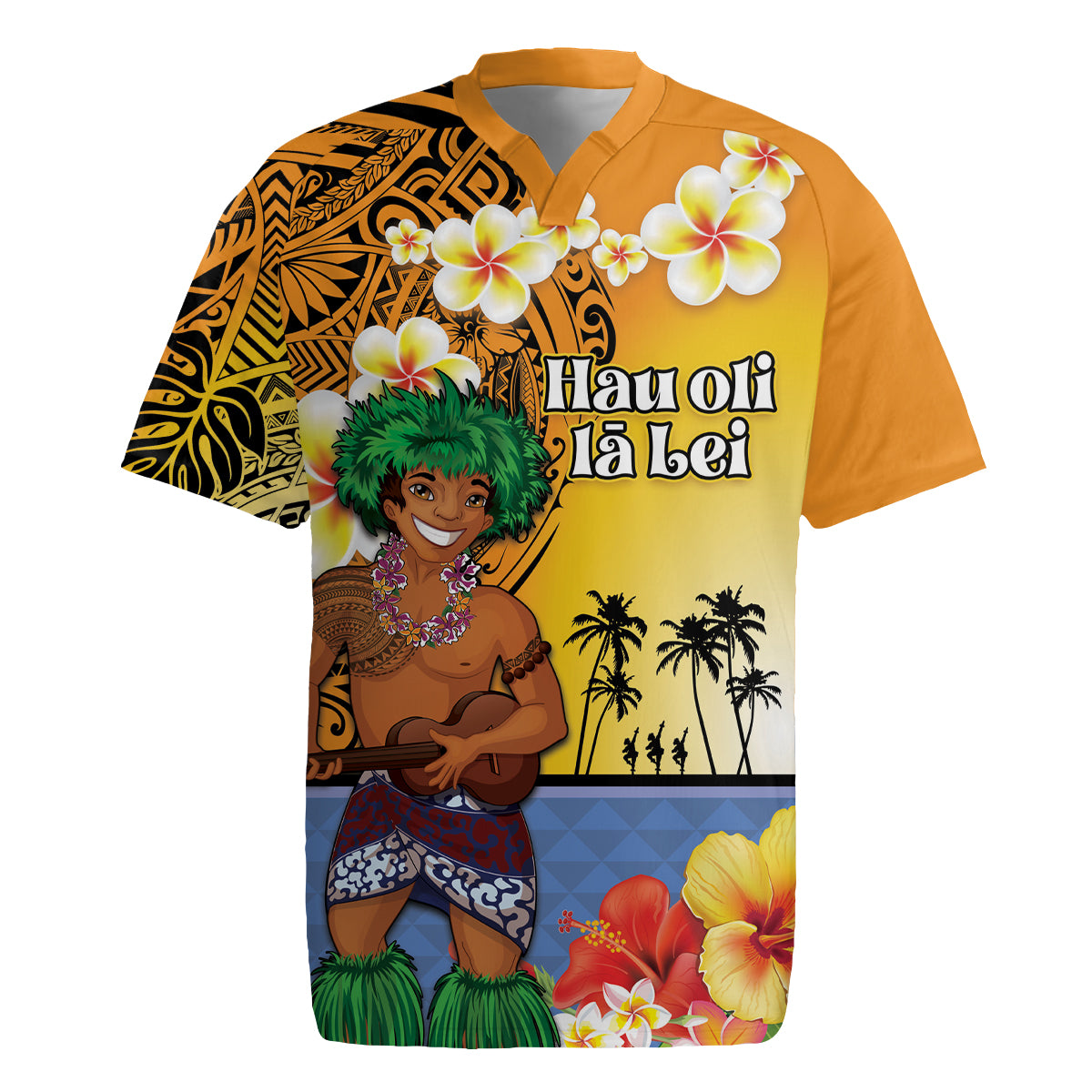Happy Lei Day Rugby Jersey Hula Male Dancer Polynesian Flower Kakau Pattern