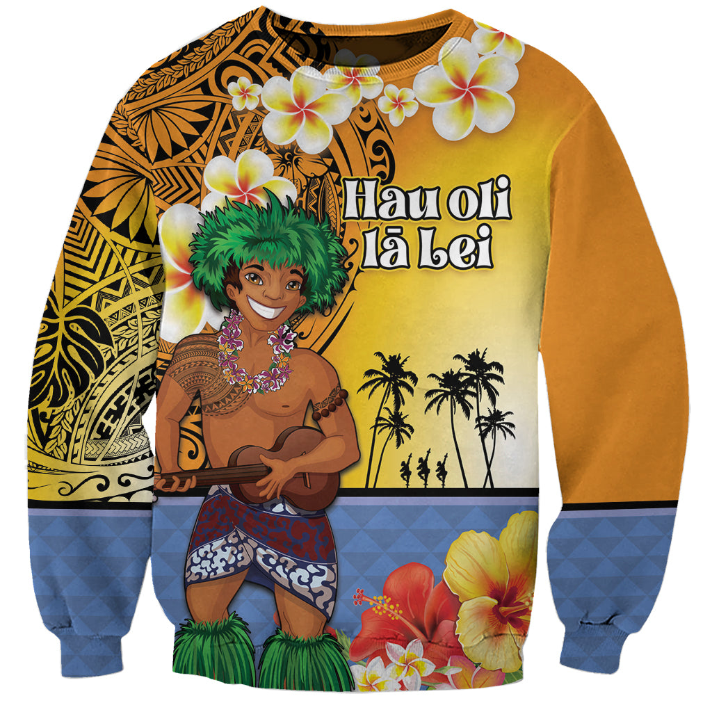 Happy Lei Day Sweatshirt Hula Male Dancer Polynesian Flower Kakau Pattern LT03 Unisex Yellow - Polynesian Pride