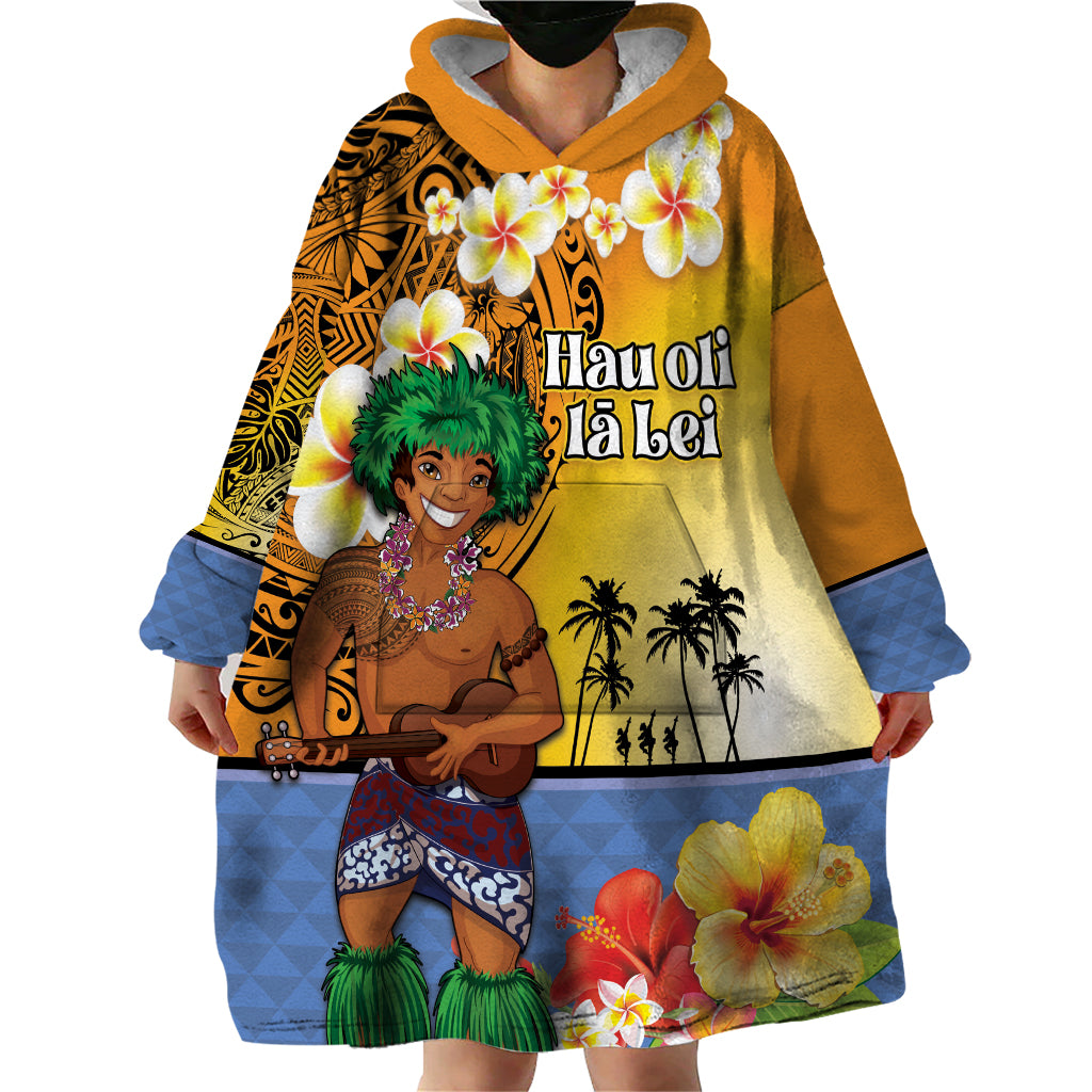 Happy Lei Day Wearable Blanket Hoodie Hula Male Dancer Polynesian Flower Kakau Pattern