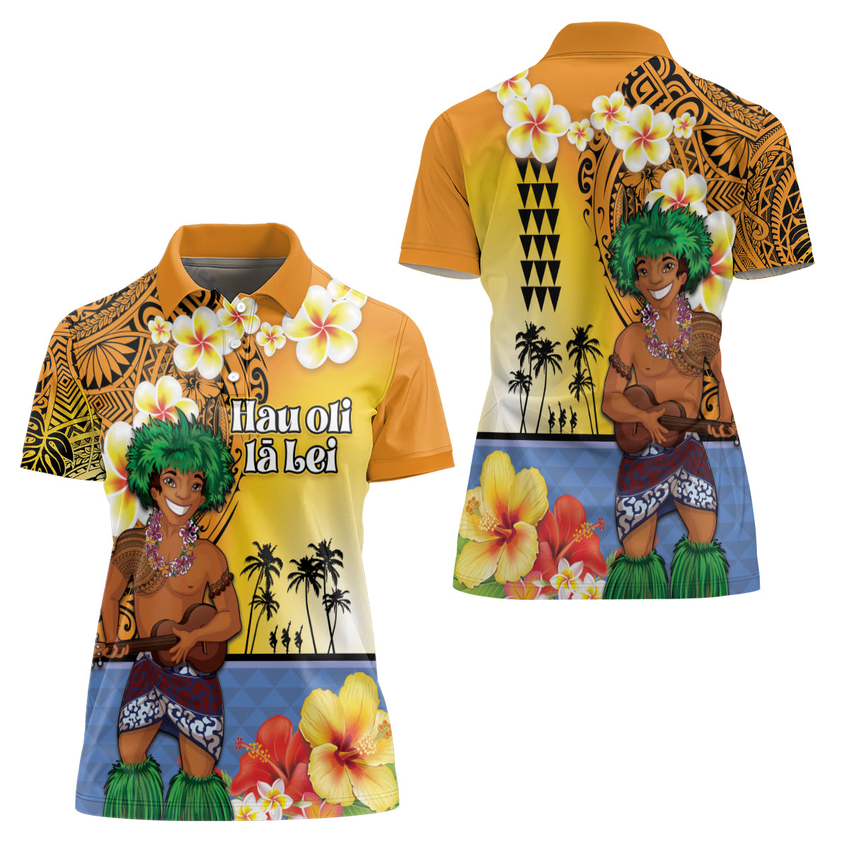 Happy Lei Day Women Polo Shirt Hula Male Dancer Polynesian Flower Kakau Pattern