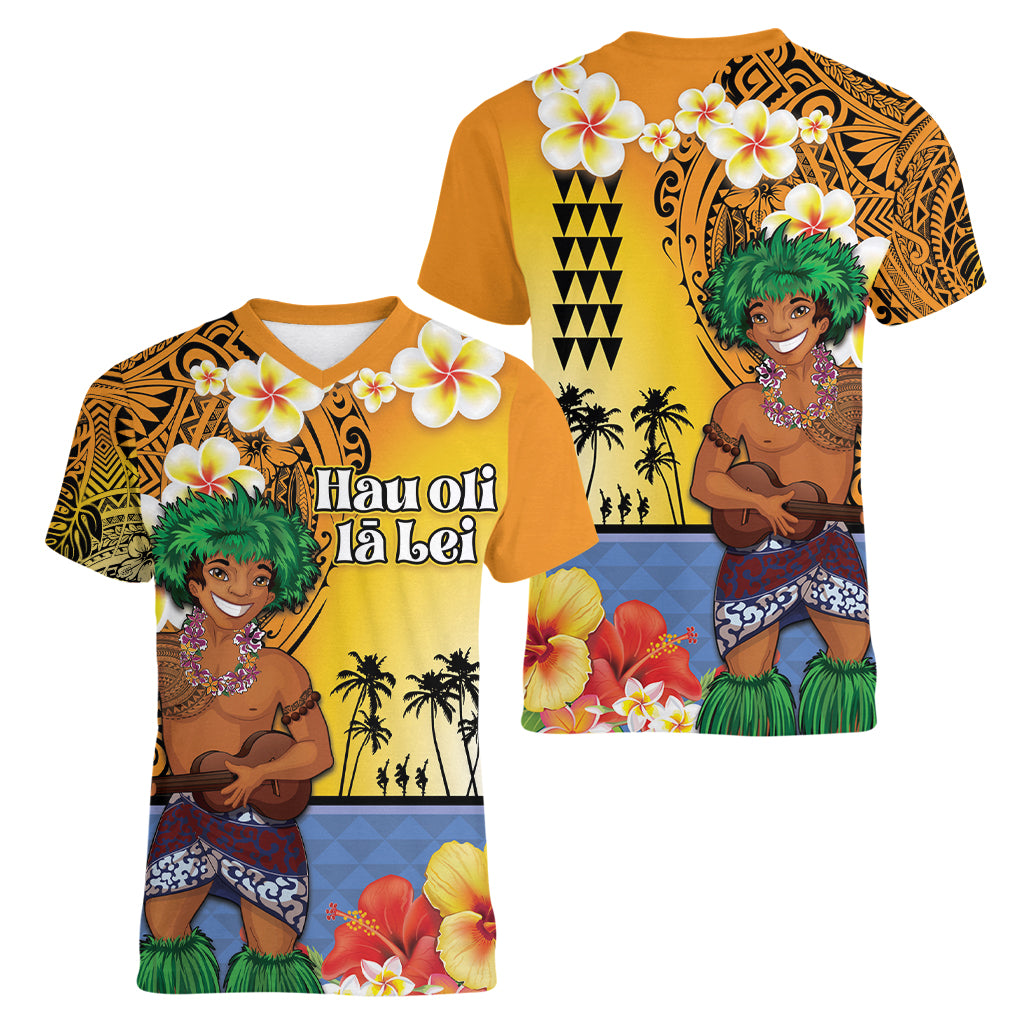 Happy Lei Day Women V-Neck T-Shirt Hula Male Dancer Polynesian Flower Kakau Pattern