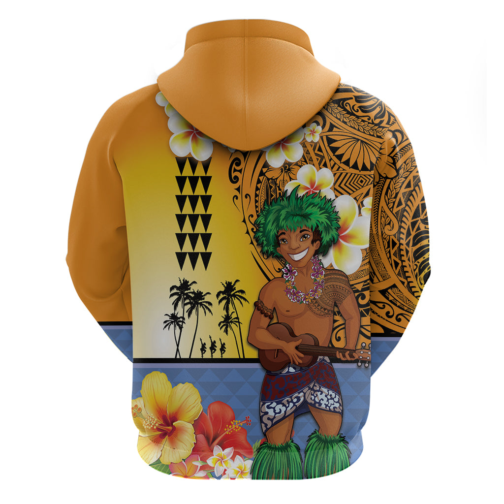 Happy Lei Day Zip Hoodie Hula Male Dancer Polynesian Flower Kakau Pattern