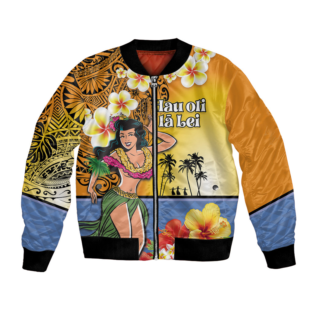 Happy Lei Day Bomber Jacket Hula Girl Polynesian Flower Kakau Pattern