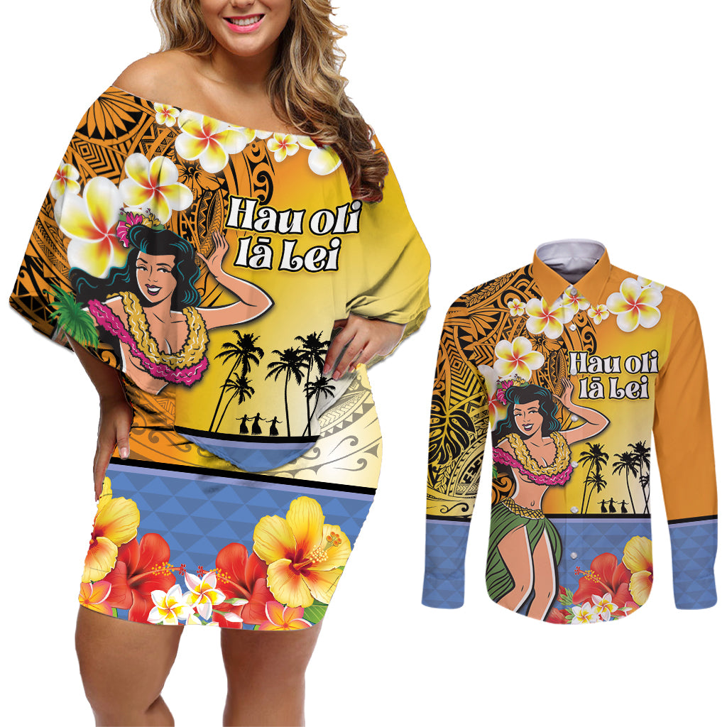 Happy Lei Day Couples Matching Off Shoulder Short Dress and Long Sleeve Button Shirt Hula Girl Polynesian Flower Kakau Pattern