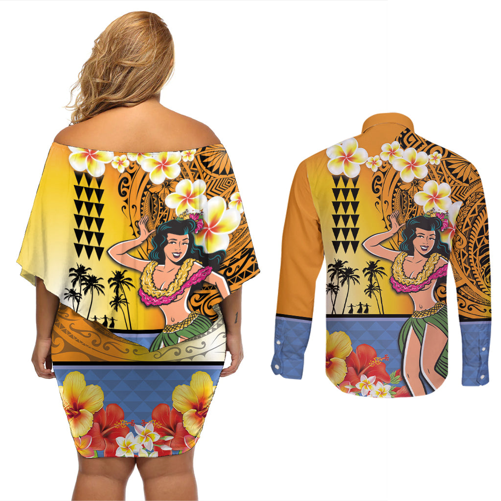 Happy Lei Day Couples Matching Off Shoulder Short Dress and Long Sleeve Button Shirt Hula Girl Polynesian Flower Kakau Pattern