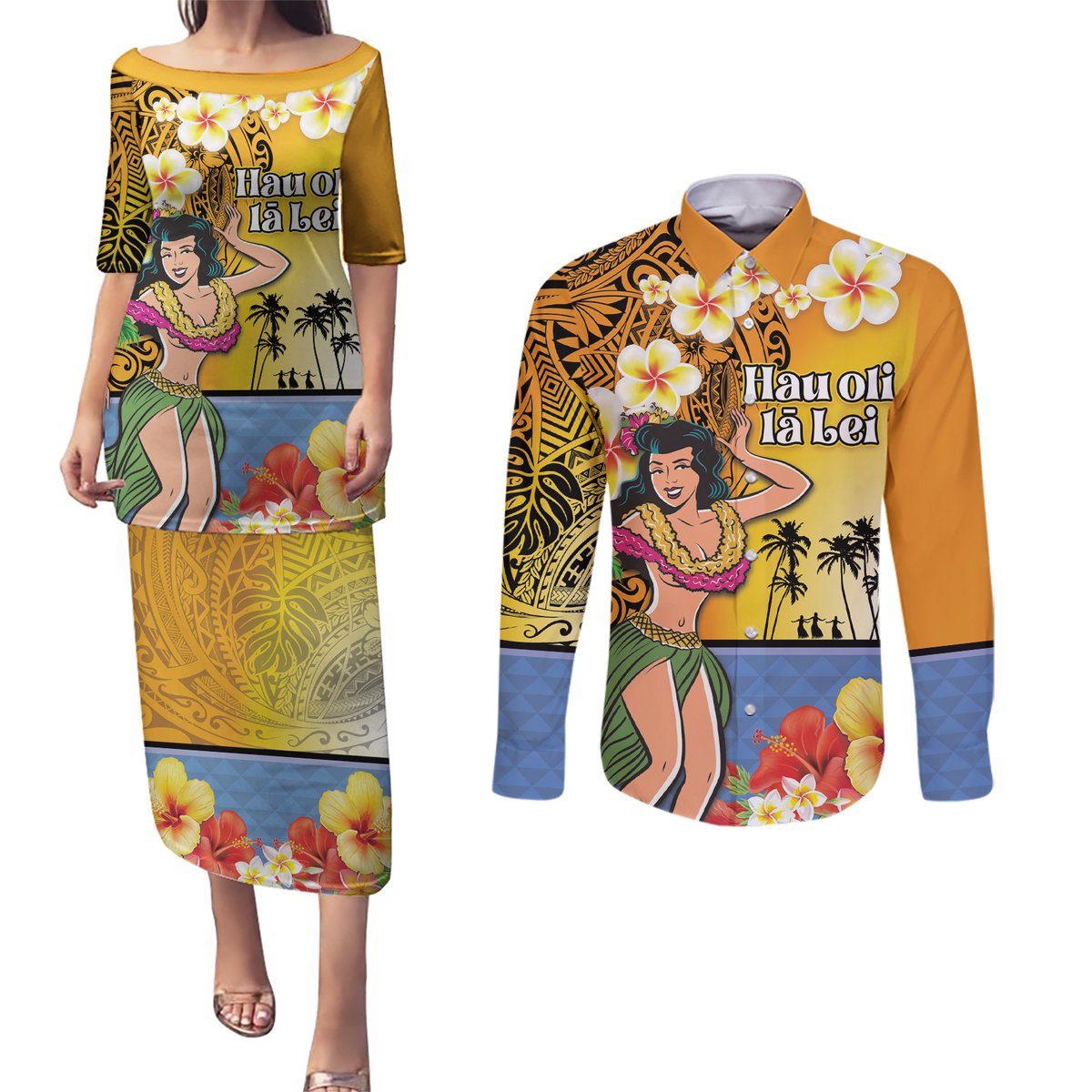 Happy Lei Day Couples Matching Puletasi and Long Sleeve Button Shirt Hula Girl Polynesian Flower Kakau Pattern