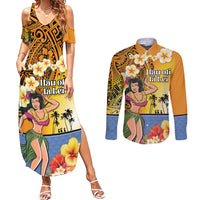 Happy Lei Day Couples Matching Summer Maxi Dress and Long Sleeve Button Shirt Hula Girl Polynesian Flower Kakau Pattern