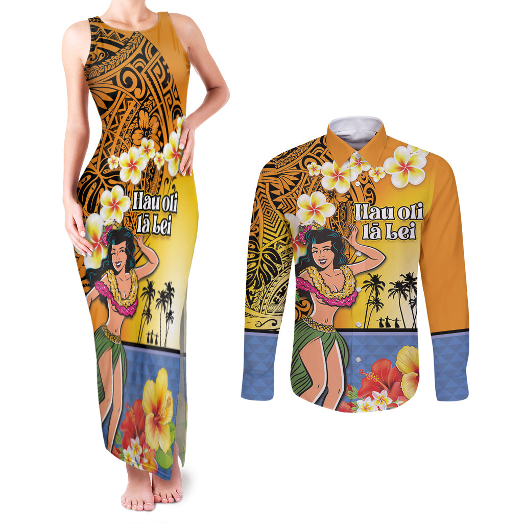 Happy Lei Day Couples Matching Tank Maxi Dress and Long Sleeve Button Shirt Hula Girl Polynesian Flower Kakau Pattern