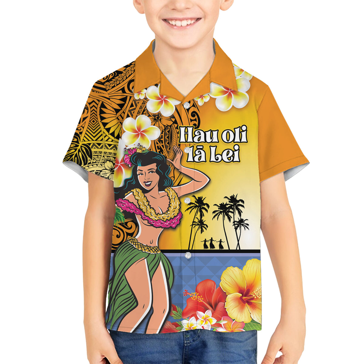 Happy Lei Day Family Matching Puletasi and Hawaiian Shirt Hula Girl Polynesian Flower Kakau Pattern